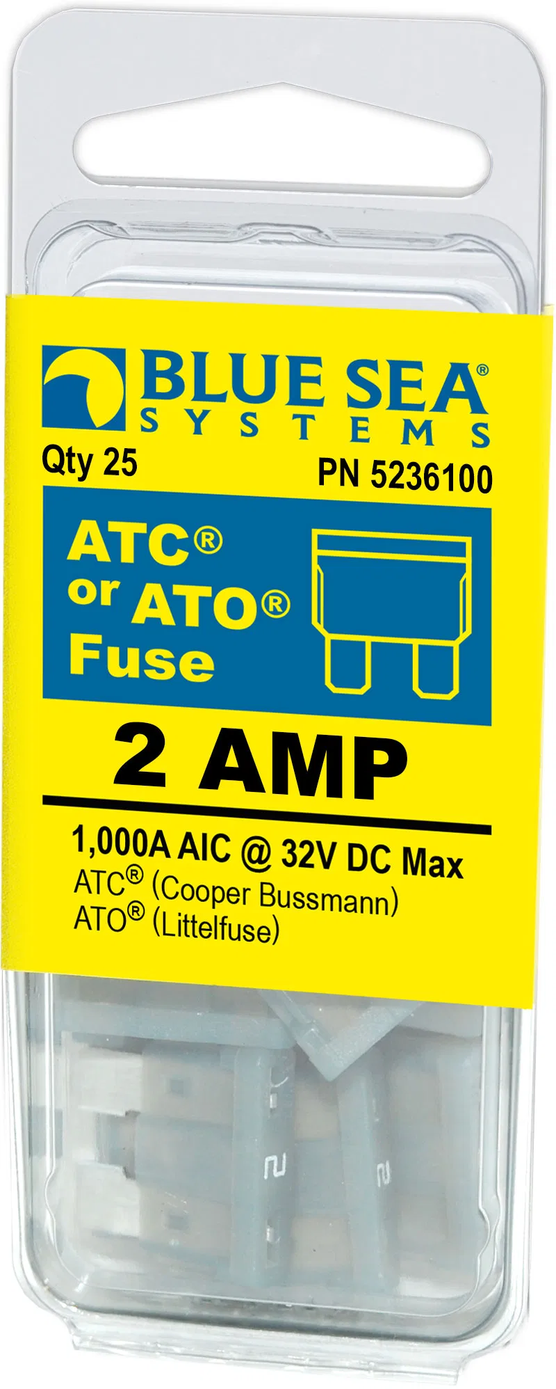 5236100-BSS – BLUE SEA Fuse, Blade Fuse ATO/ ATC 2 Amps/ 32 Volts DC Pack Of 25